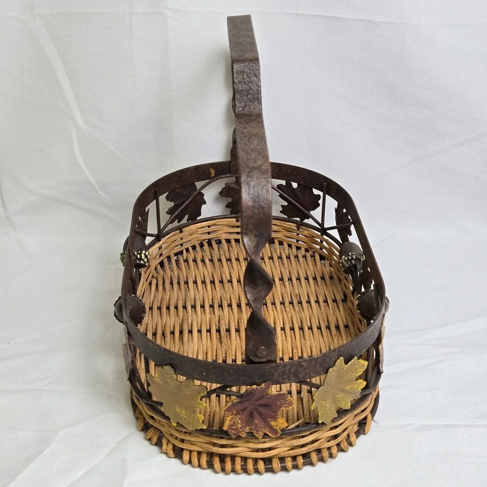 Decorative Basket Woven Wicker Base Metal Rim With Fall Autumn Leaves Acorns 11